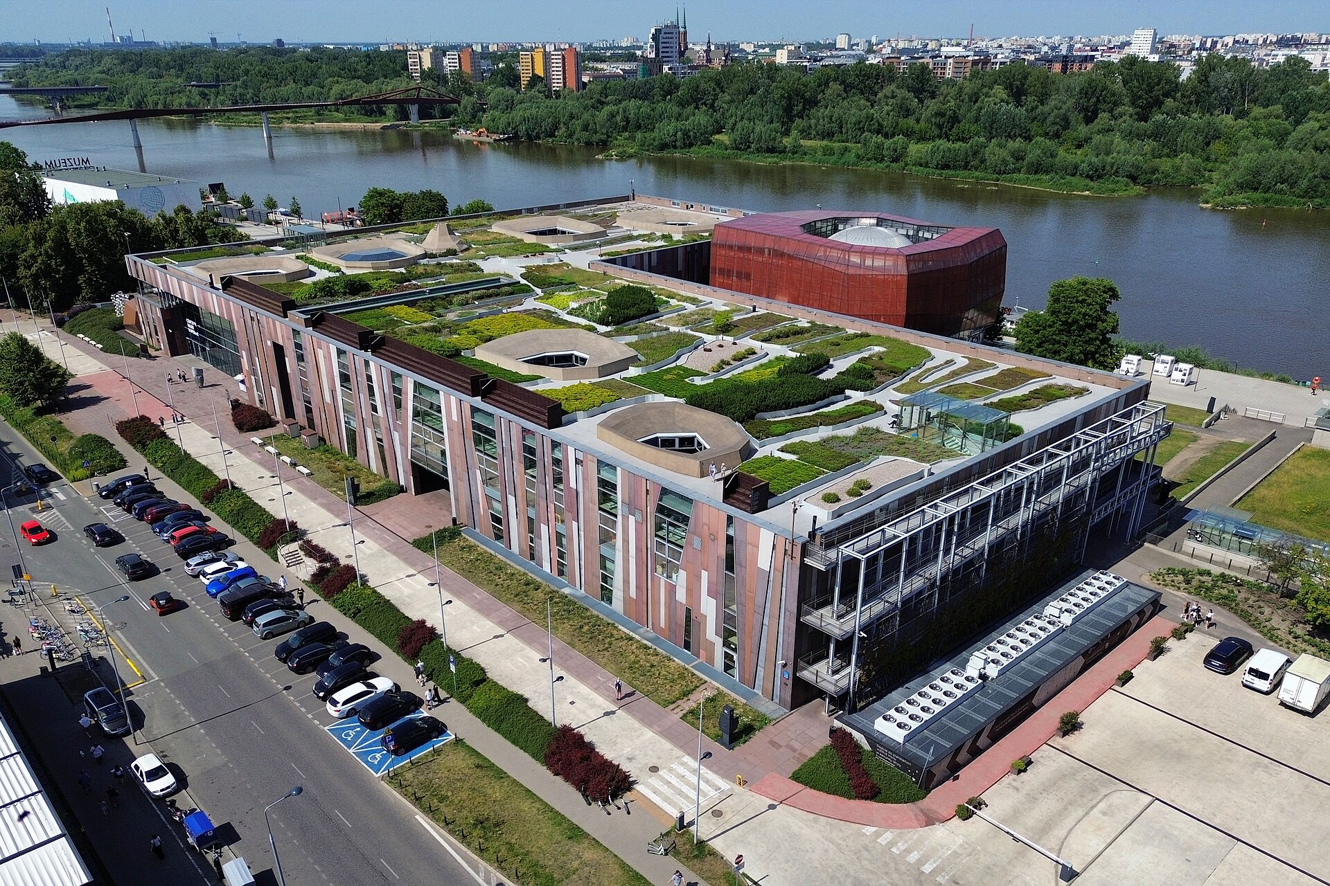 Aerial view of the Copernicus Science Centre on the Vistula bank in Warsaw
