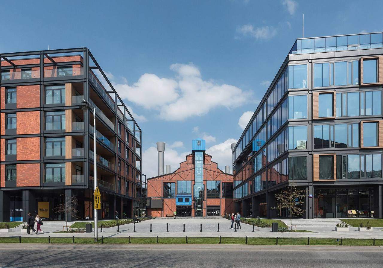 Red brick facade of Elektrownia Powisle in Warsaw