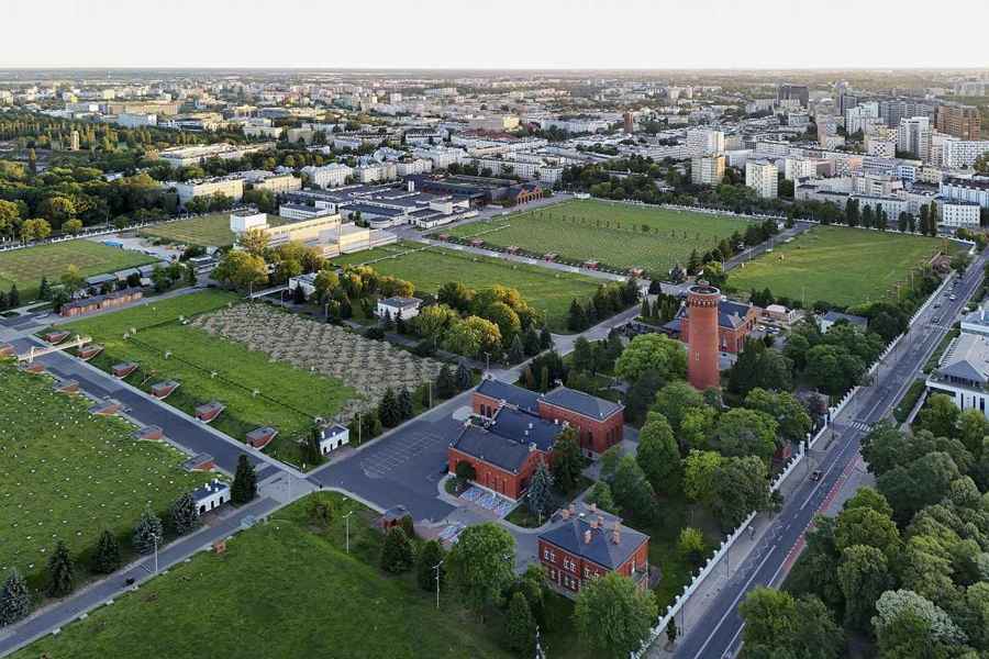 Aerial view of the historic Filtry Lindleya waterworks in Warsaw