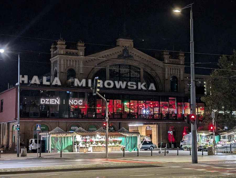 Hala Mirowska market hall in Warsaw at night
