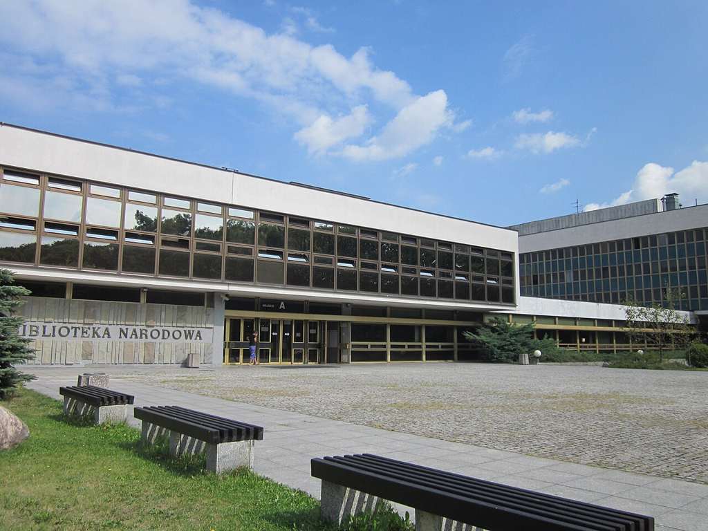Main entrance of the National Library of Poland in Warsaw