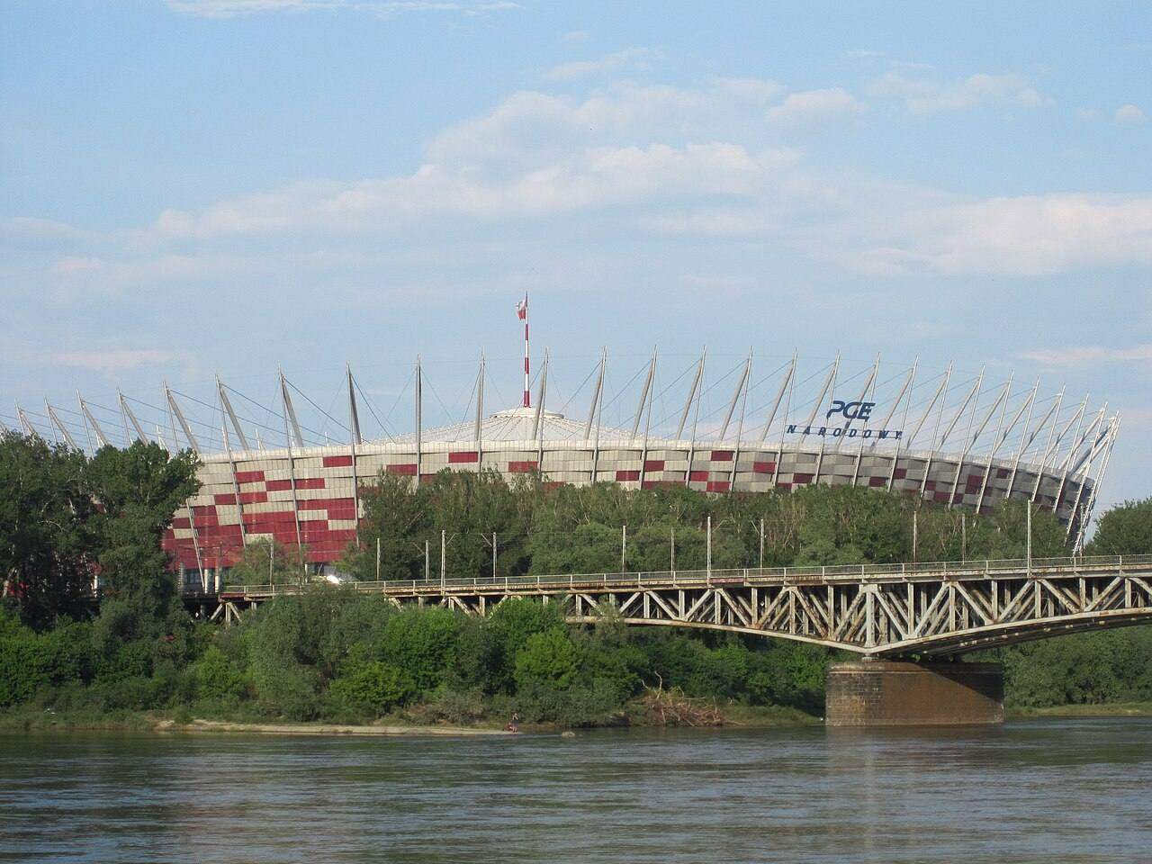 PGE Narodowy national stadium in Warsaw with red and white facade
