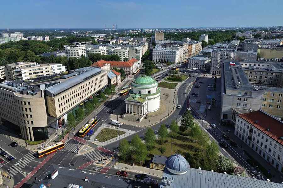 Aerial view of Plac Trzech Krzyzy in Warsaw with the church of St Alexander