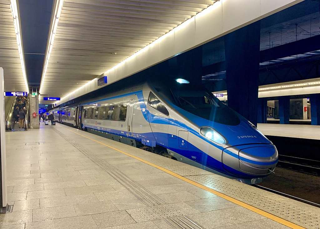 A Pendolino train at Warszawa Centralna station platform