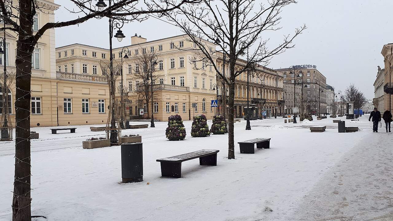 Snow on Krakowskie Przedmiescie in Warsaw in winter